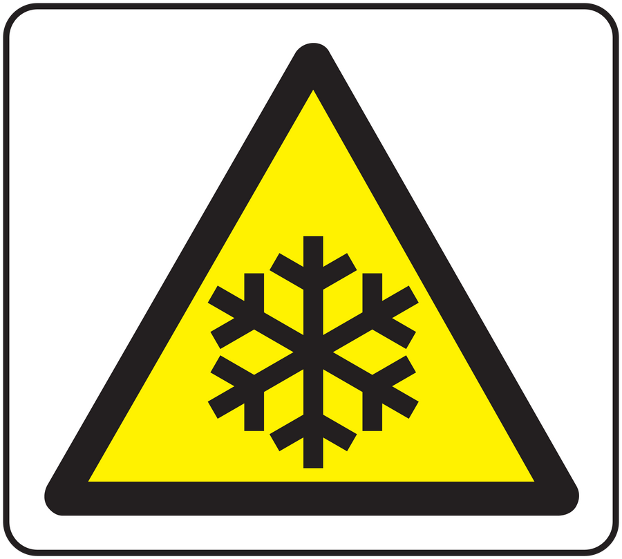 Warning triangular snowflake caution sticker, yellow with black border and snowflake