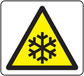 Warning triangular snowflake caution sticker, yellow with black border and snowflake