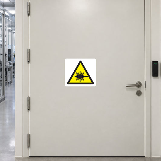 Laser warning sticker with yellow triangular hazard symbol and black sunburst icon