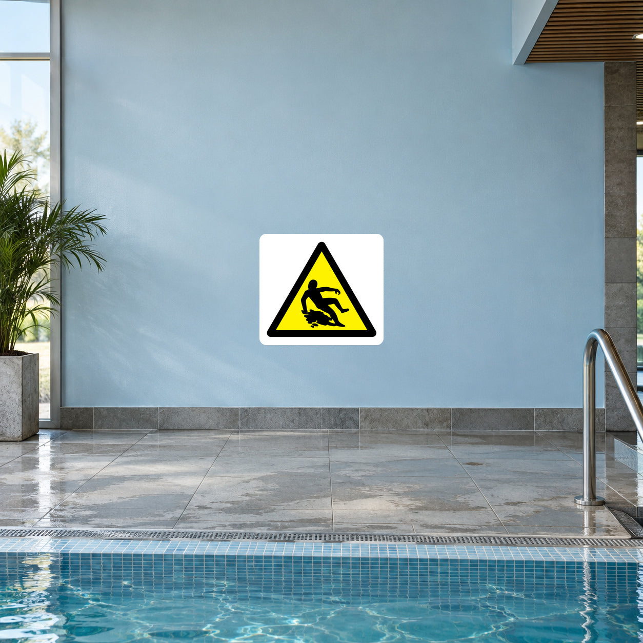 Wet floor warning sticker with yellow triangle and slipping figure icon