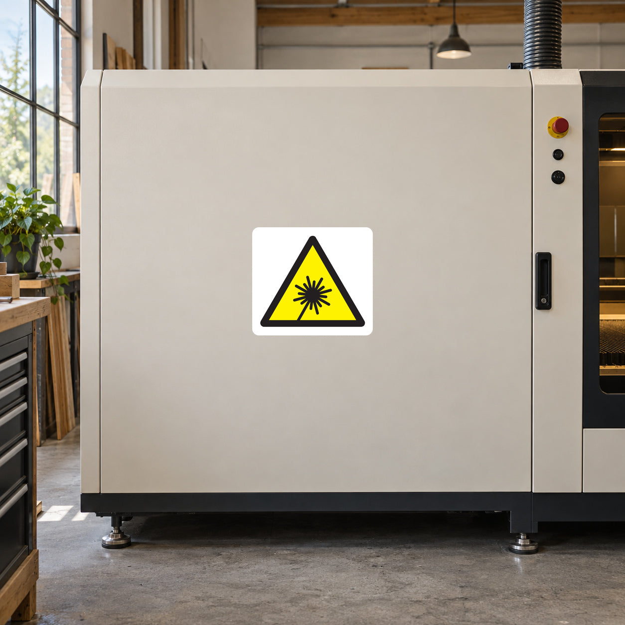 Laser caution warning triangle sticker with yellow and black radiation symbol