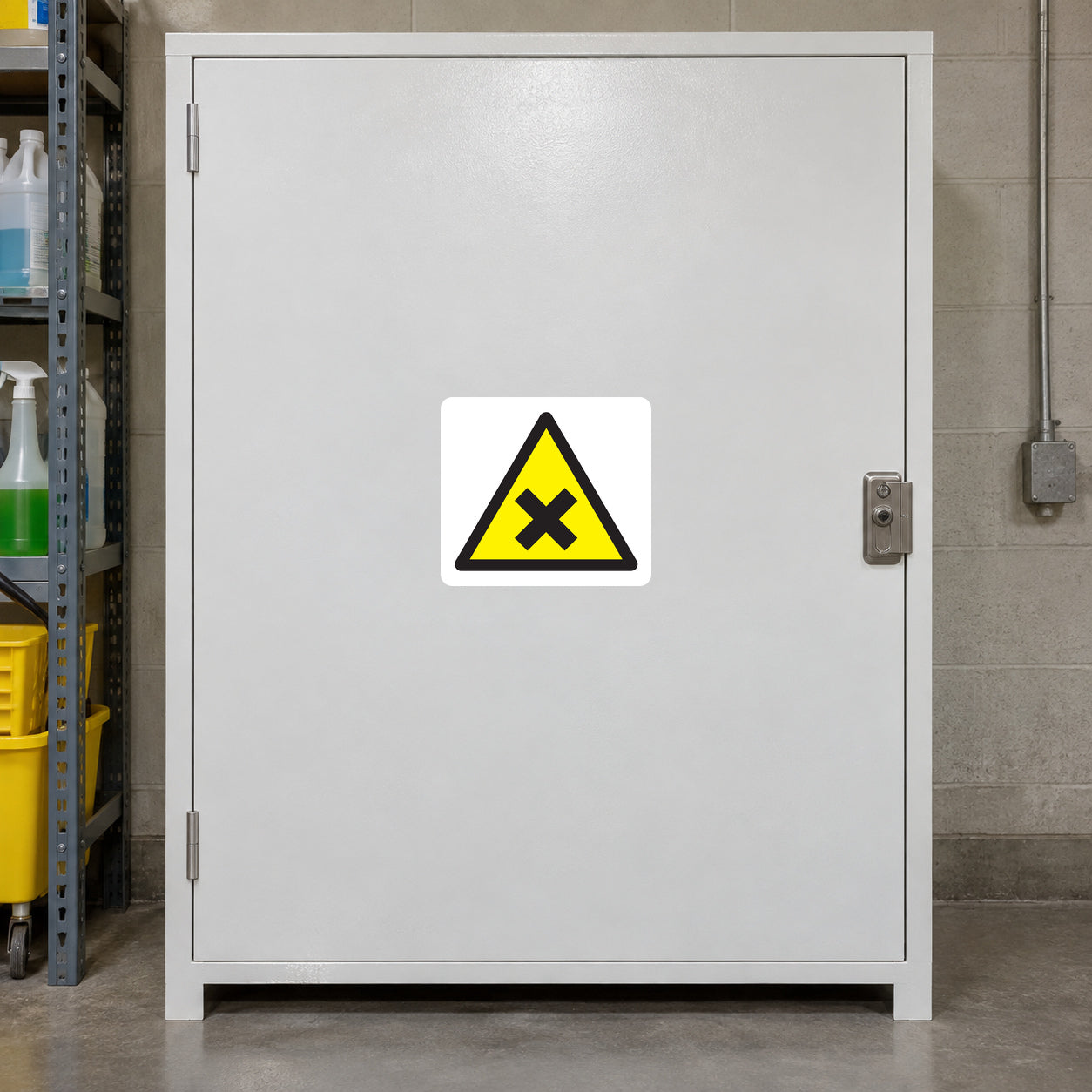Warning triangle caution sticker with yellow X and black border