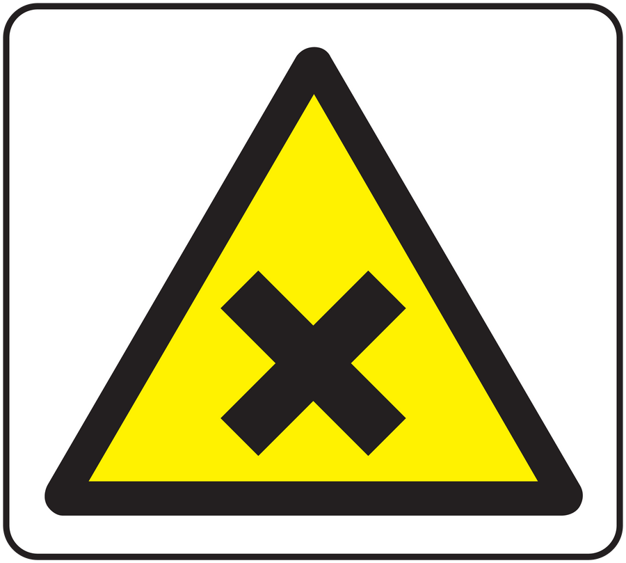 Yellow triangular warning sign sticker with black border and X symbol