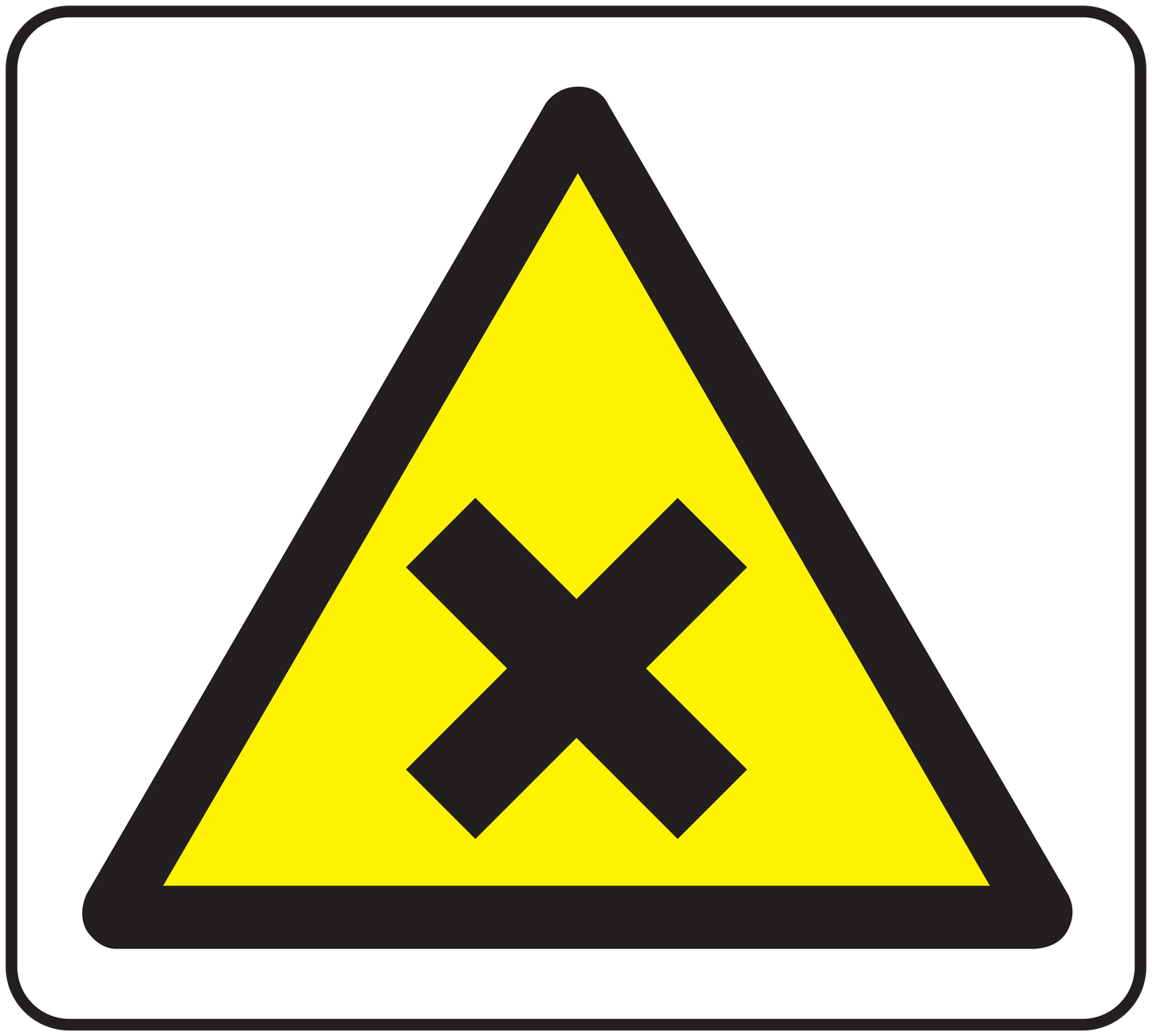 Yellow triangular warning sign sticker with black border and X symbol
