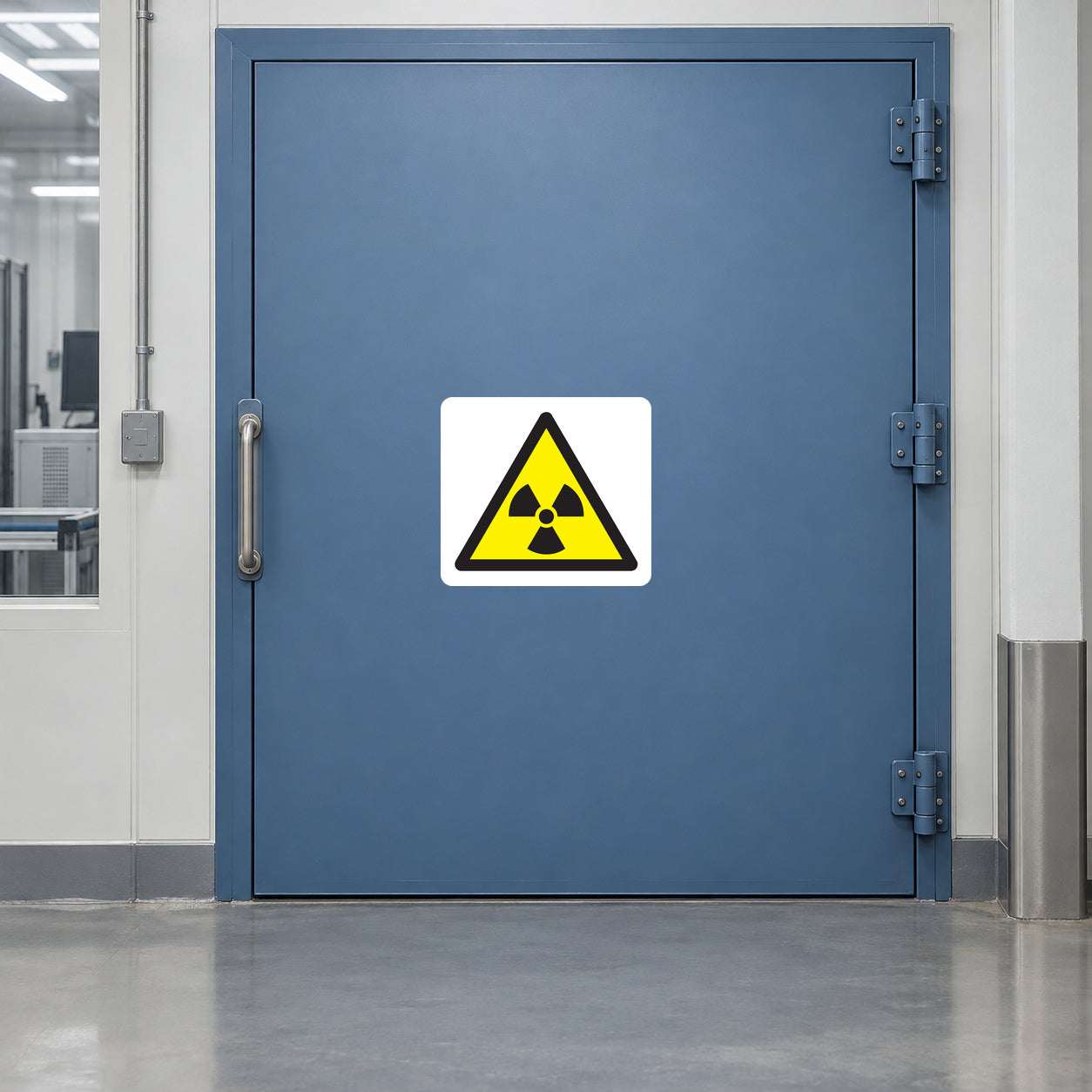 Radioactive warning sticker with yellow trefoil symbol in black-outlined triangle
