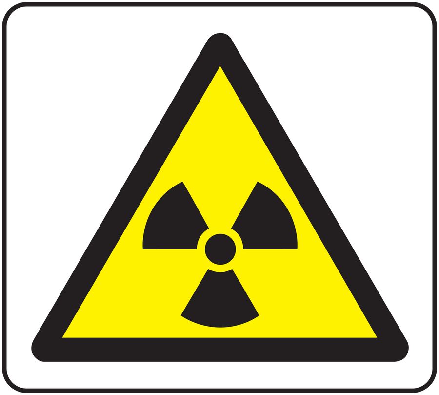 Radioactive warning sticker with yellow triangle and black trefoil symbol