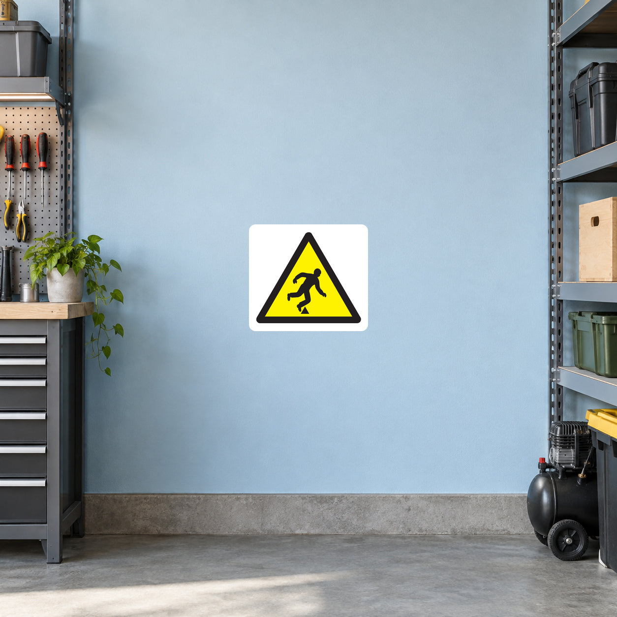 Caution floor sticker with yellow triangle and black slipping figure icon