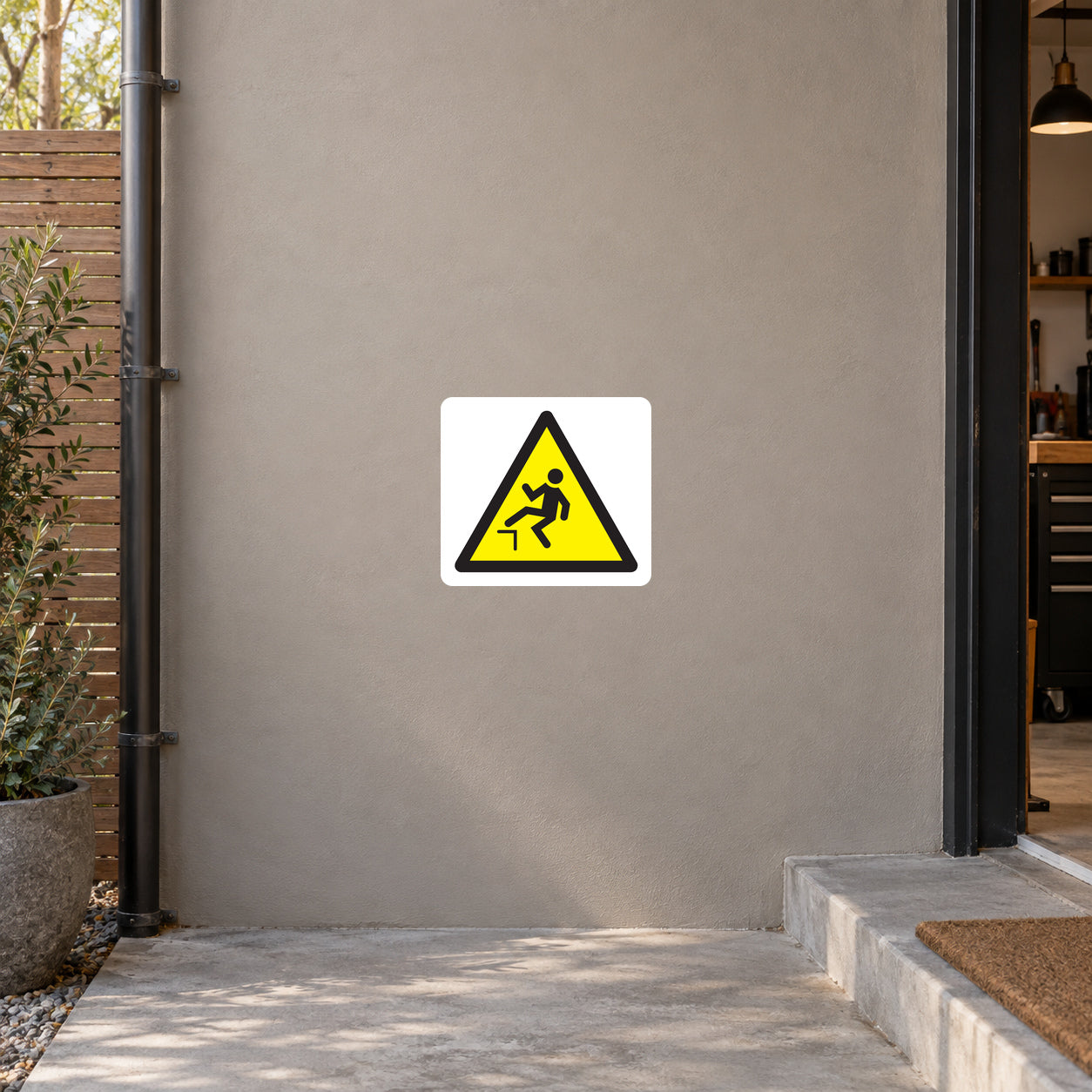 Caution step sticker with yellow icon of person slipping inside warning triangle