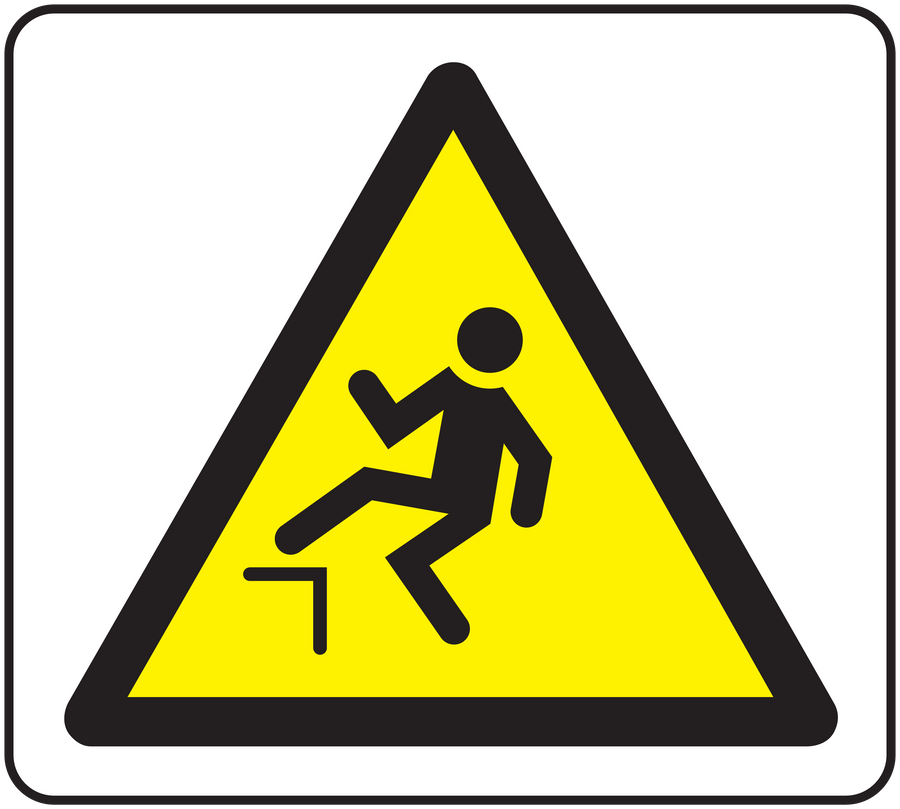 Caution step sticker with yellow warning triangle and falling figure icon