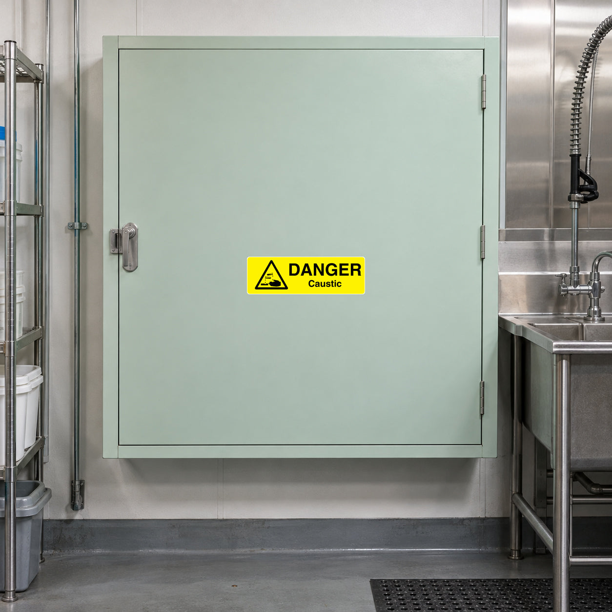 Danger Caustic Sticker applied in Closed broad pale mint caustic cleaning supply cabinet in a food manufacturing utility room, smooth central face, latch far left, stainless wash area only far right.