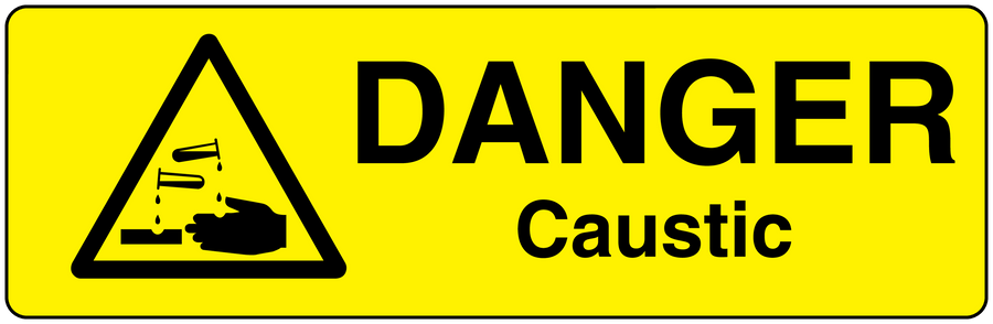 Yellow DANGER Caustic warning sticker with hazard triangle symbol.