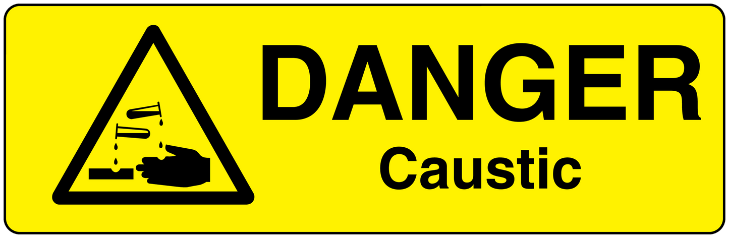 Yellow DANGER Caustic warning sticker with hazard triangle symbol.