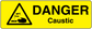 Yellow DANGER Caustic warning sticker with hazard triangle symbol.