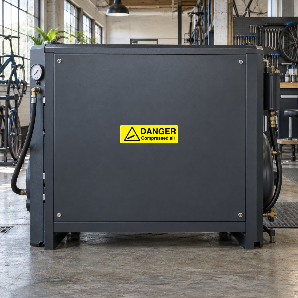 Danger compressed air warning sticker on dark gray industrial air compressor panel