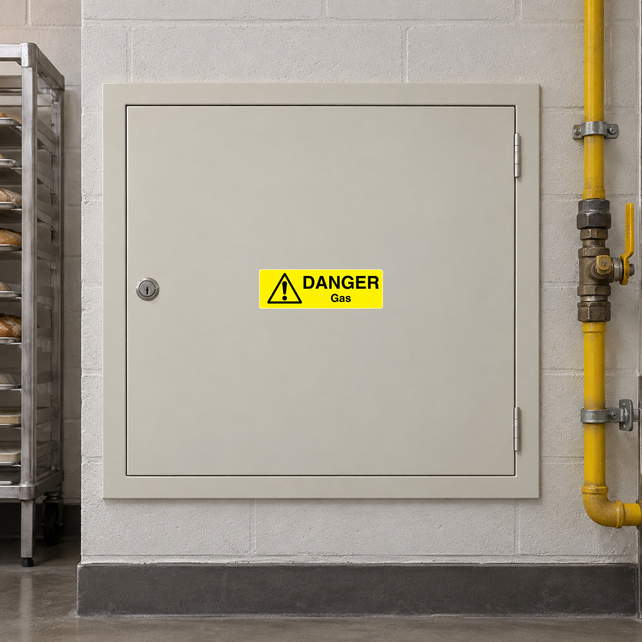 Danger gas warning sticker with yellow background, black exclamation icon, DANGER Gas text