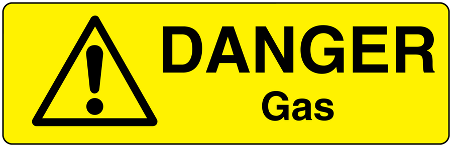 Yellow warning gas sticker with black triangle exclamation and the words DANGER Gas