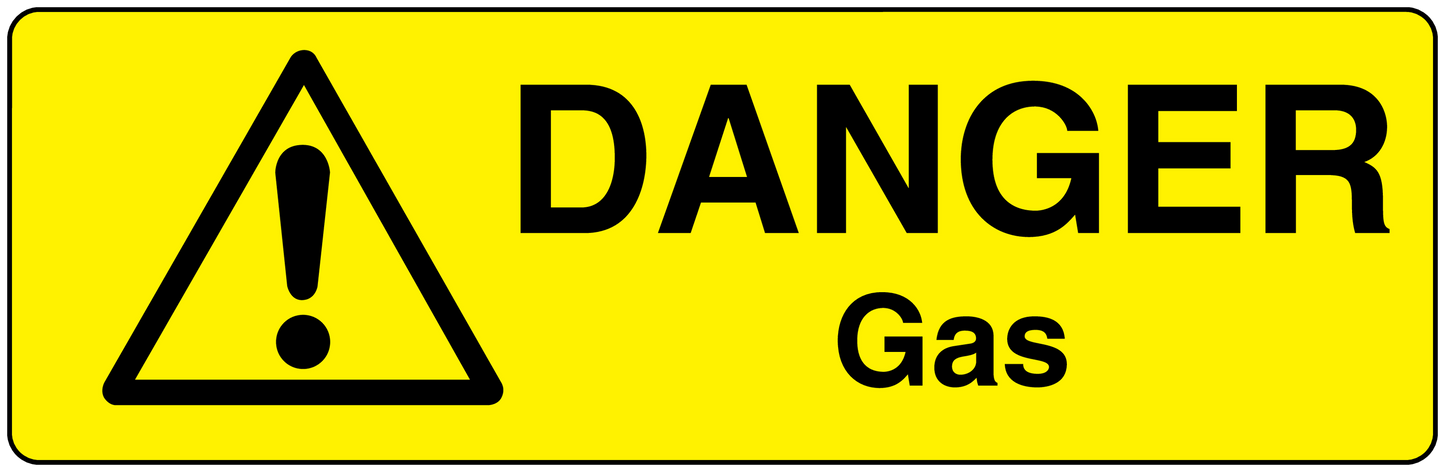 Yellow warning gas sticker with black triangle exclamation and the words DANGER Gas