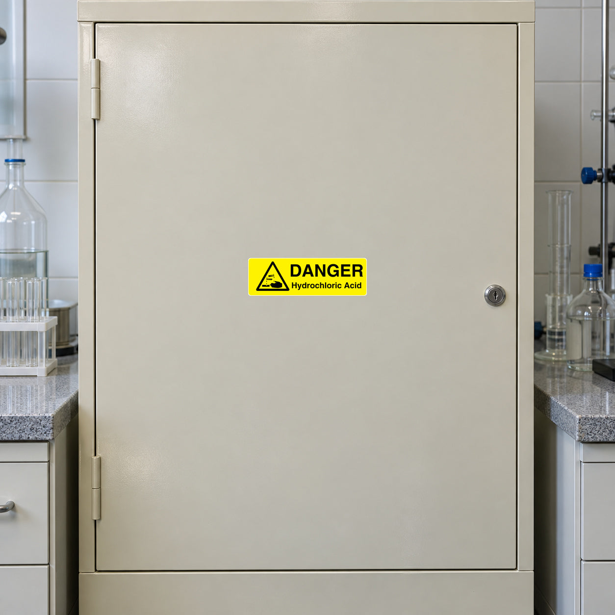 Yellow DANGER Hydrochloric Acid warning sticker with hazard triangle icon