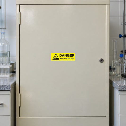 Yellow DANGER Hydrochloric Acid warning sticker with hazard triangle icon