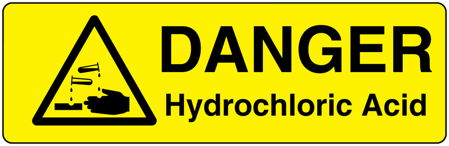 Yellow danger warning sticker with black acid hazard triangle and text 'DANGER Hydrochloric Acid'