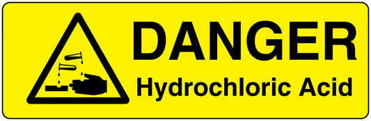 Yellow danger warning sticker with black acid hazard triangle and text 'DANGER Hydrochloric Acid'