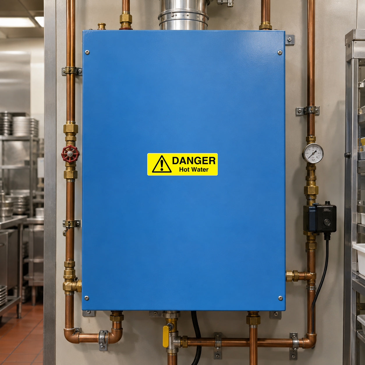 Danger Hot Water warning sticker with yellow triangle on blue equipment panel