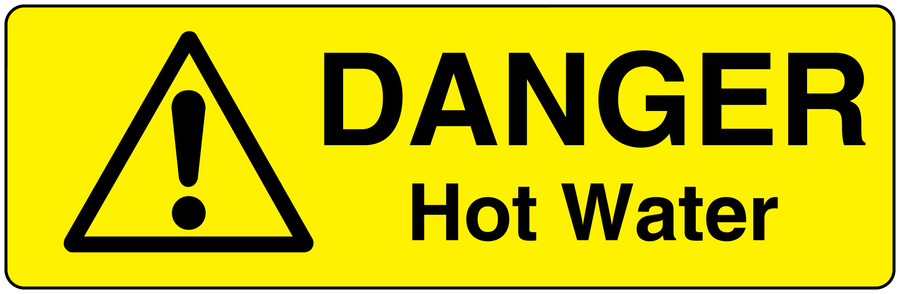 Hot water danger warning sticker: yellow triangle exclamation and 'Hot Water' text