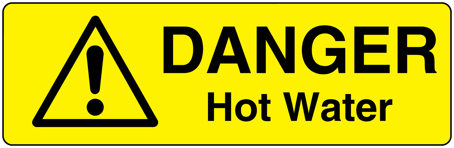 Hot water danger warning sticker: yellow triangle exclamation and 'Hot Water' text