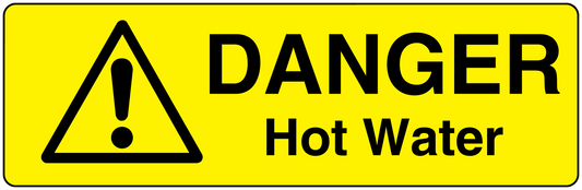 Hot water danger warning sticker: yellow triangle exclamation and 'Hot Water' text