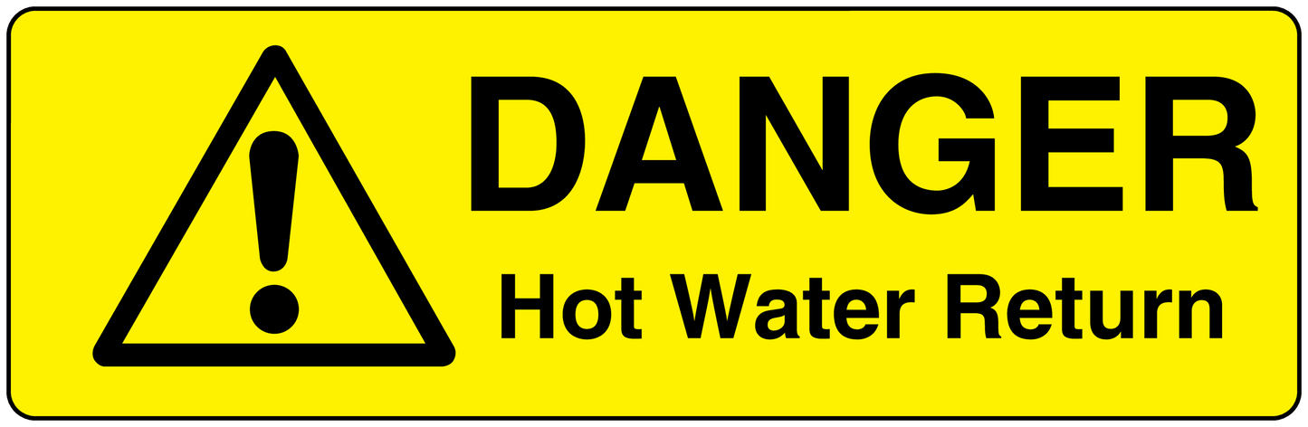 Yellow warning sticker with black DANGER triangle and Hot Water Return text