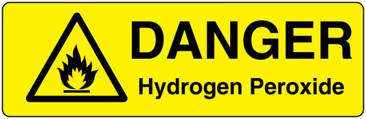 Yellow hazard sticker: black triangle and 'DANGER Hydrogen Peroxide' text
