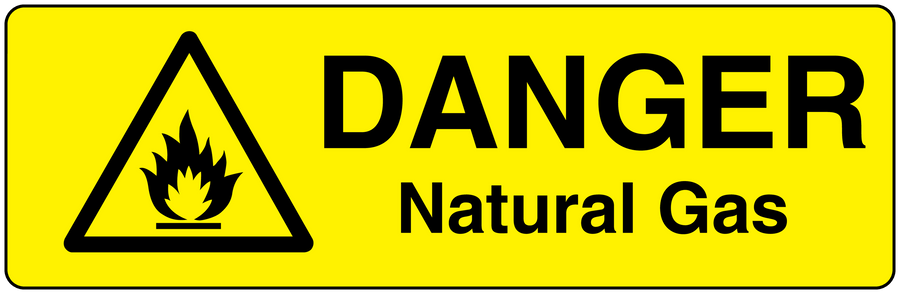 Yellow danger natural gas sticker with black warning triangle and DANGER text
