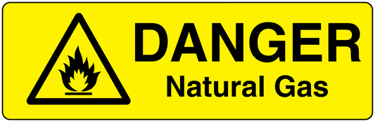 Yellow danger natural gas sticker with black warning triangle and DANGER text
