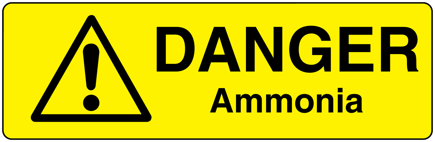Danger Ammonia sticker with yellow hazard triangle and exclamation, plus “DANGER” text