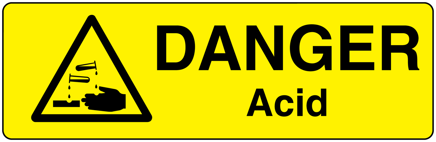 Yellow danger acid sticker with black warning triangle and bold text