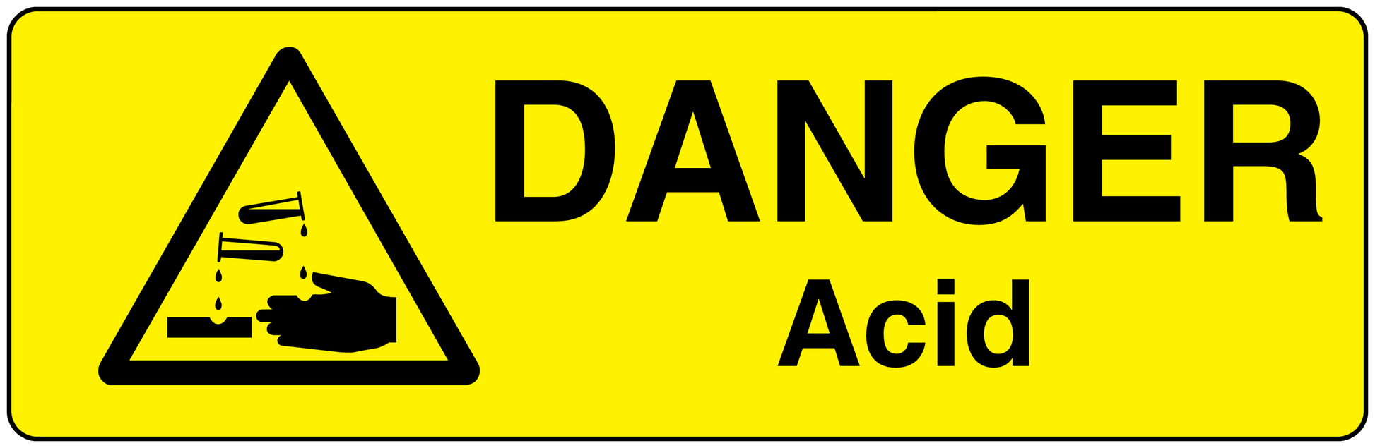 Yellow danger acid sticker with black warning triangle and bold text