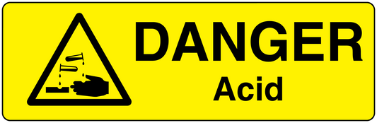 Yellow danger acid sticker with black warning triangle and bold text