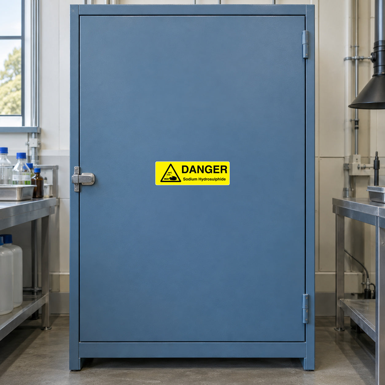 Danger sodium hydrosulphide warning sticker, yellow with black text and border
