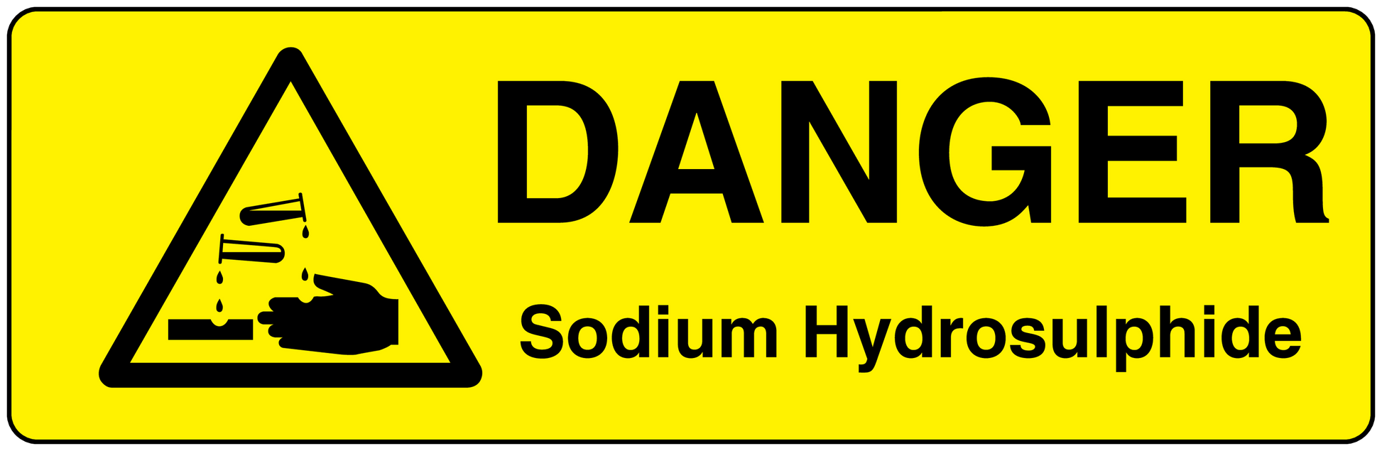 Danger warning sticker: black triangle, 'DANGER', and 'Sodium Hydrosulphide' text