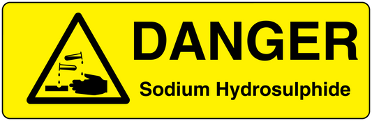 Danger warning sticker: black triangle, 'DANGER', and 'Sodium Hydrosulphide' text