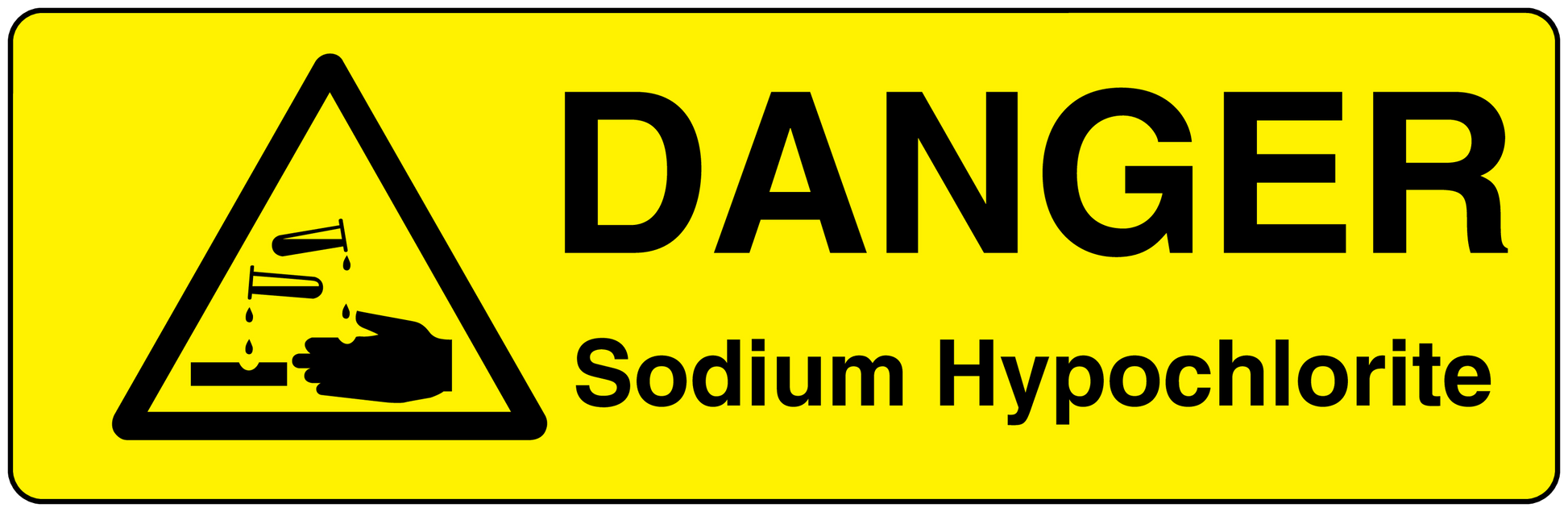 Danger sticker with yellow warning triangle and sodium hypochlorite text