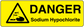 Danger sticker with yellow warning triangle and sodium hypochlorite text