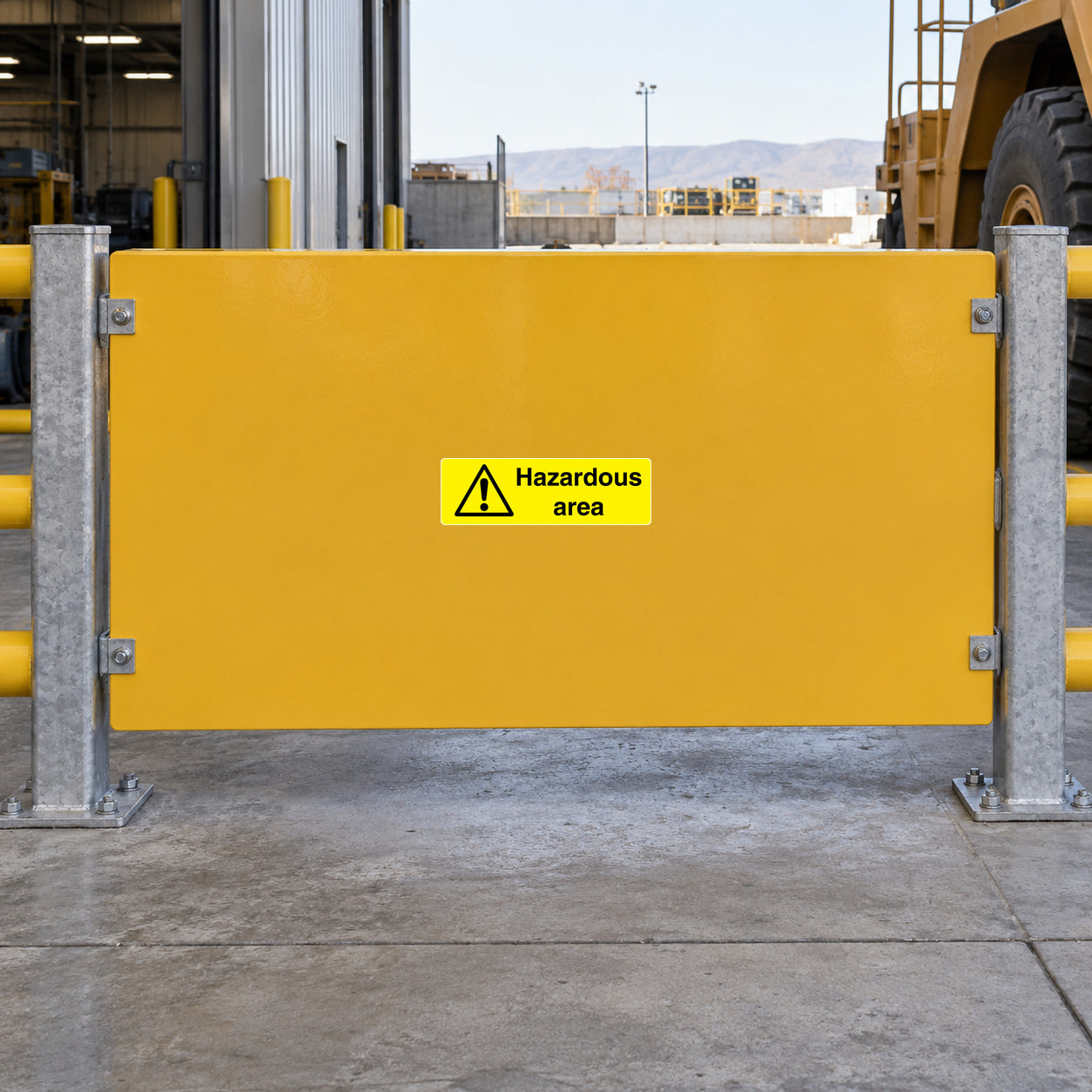 Yellow hazardous area warning sticker with exclamation icon and text