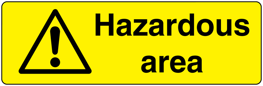 Yellow hazardous area sticker with black warning triangle and exclamation mark