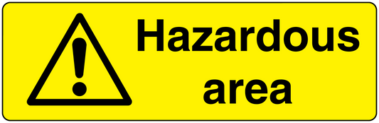 Yellow hazardous area sticker with black warning triangle and exclamation mark