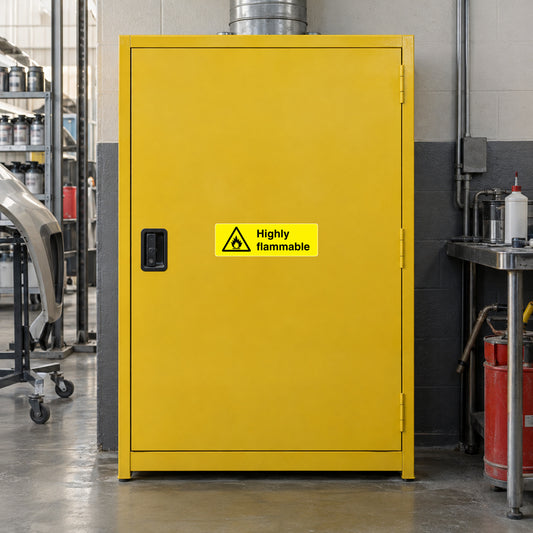 Highly flammable warning sticker on yellow door panel