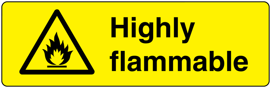 Yellow highly flammable warning sticker with black triangle and text
