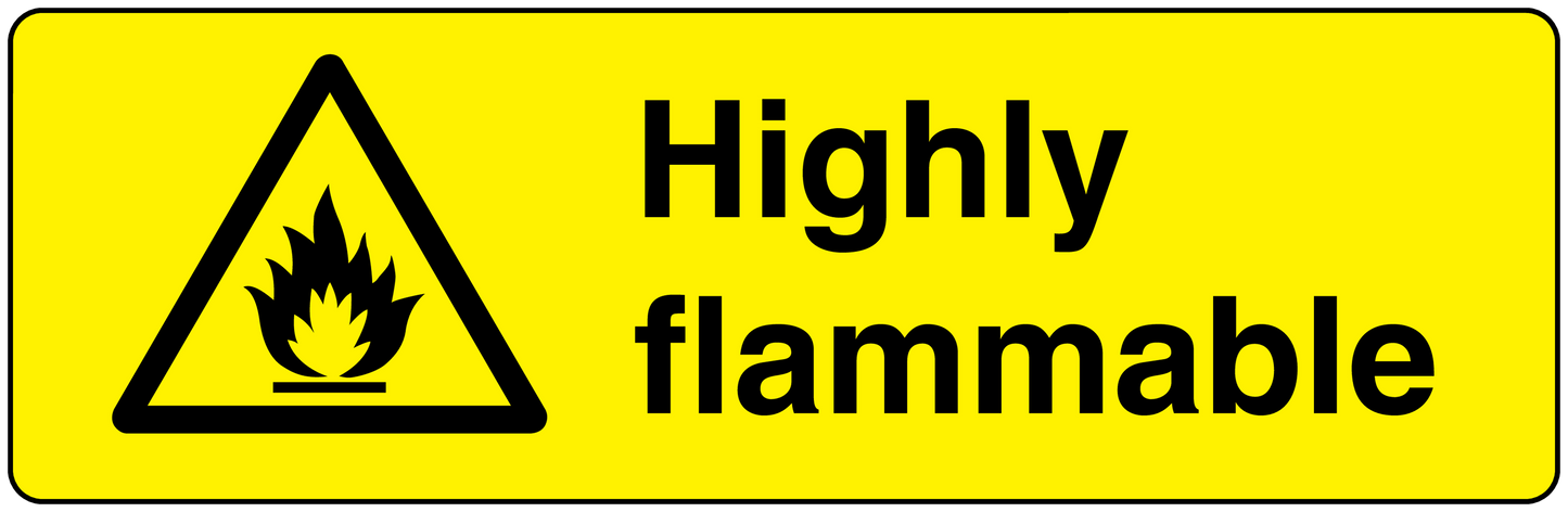 Yellow highly flammable warning sticker with black triangle and text