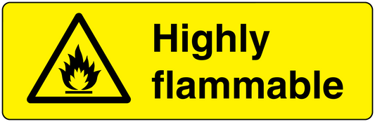 Yellow highly flammable warning sticker with black triangle and text