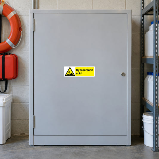 Yellow caution rectangle sticker reading "Hydrochloric acid"